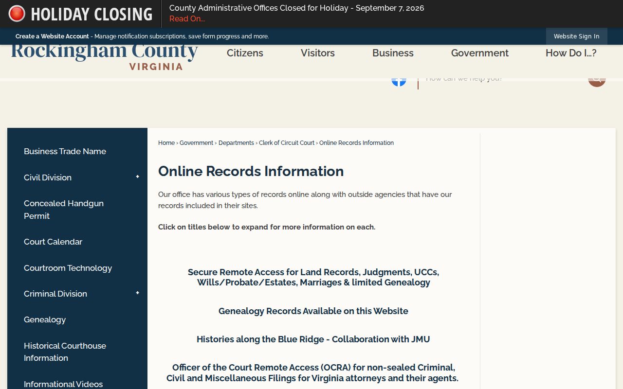 Harrisonburg previous residents online records access information from Rockingham County