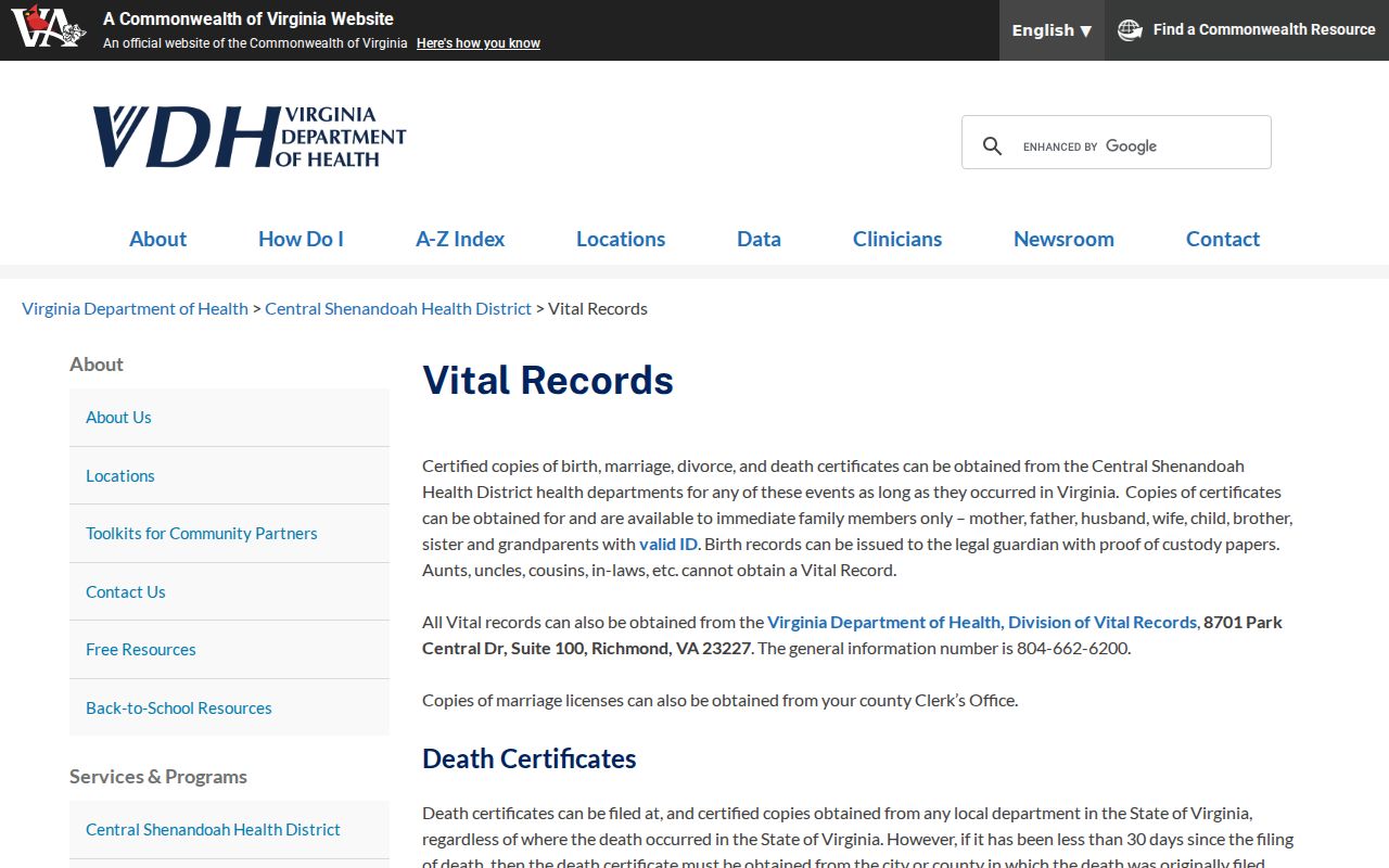 Harrisonburg resident lookup Central Shenandoah vital records office